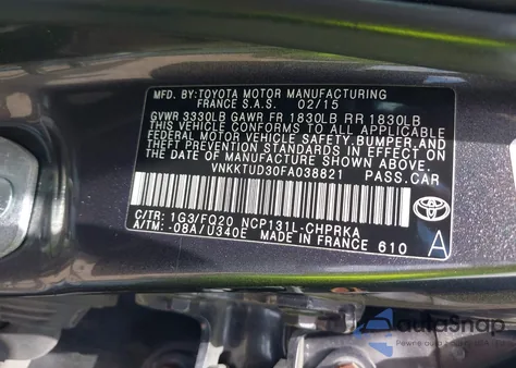 2015 Toyota Yaris L from USA, damaged, VIN VNKKTUD30FA038821